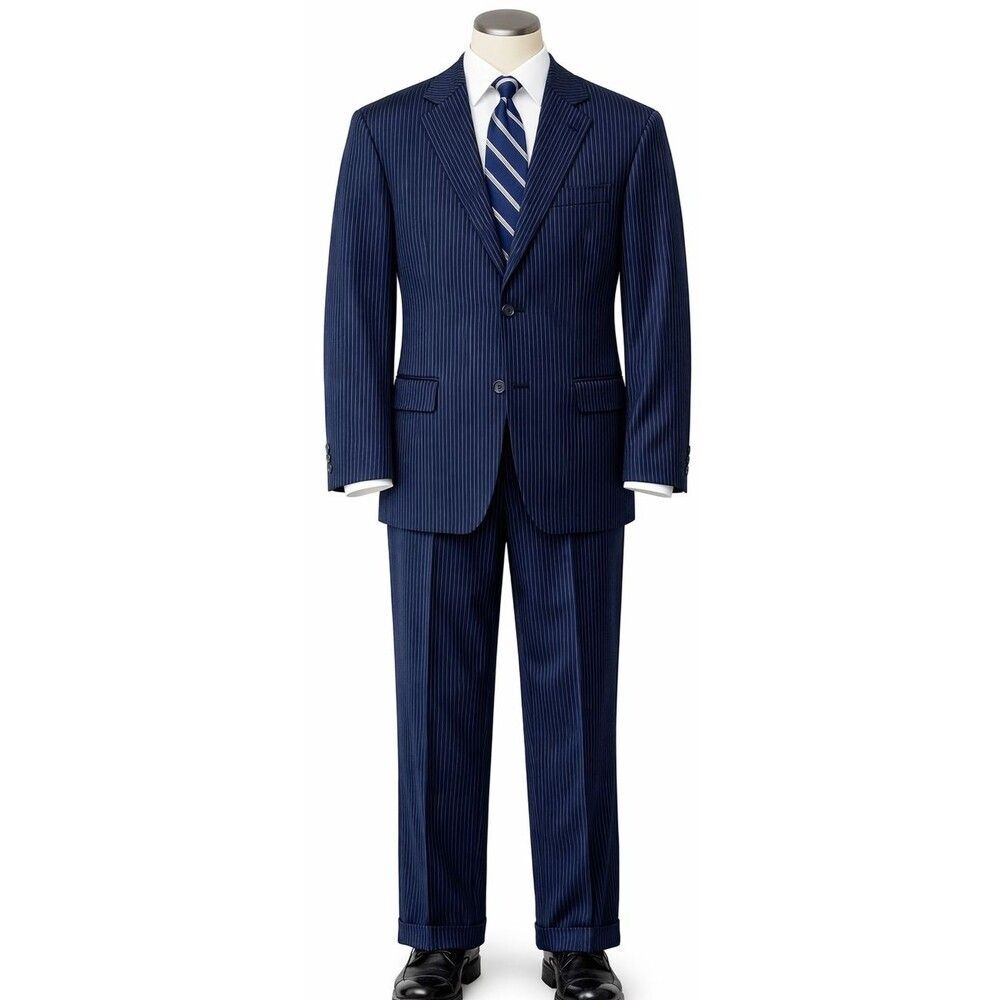 Hart Schaffner Marx Mens 2-Pc Dress Suit 42L Navy Blue Pinstripes Pleated Cuffed